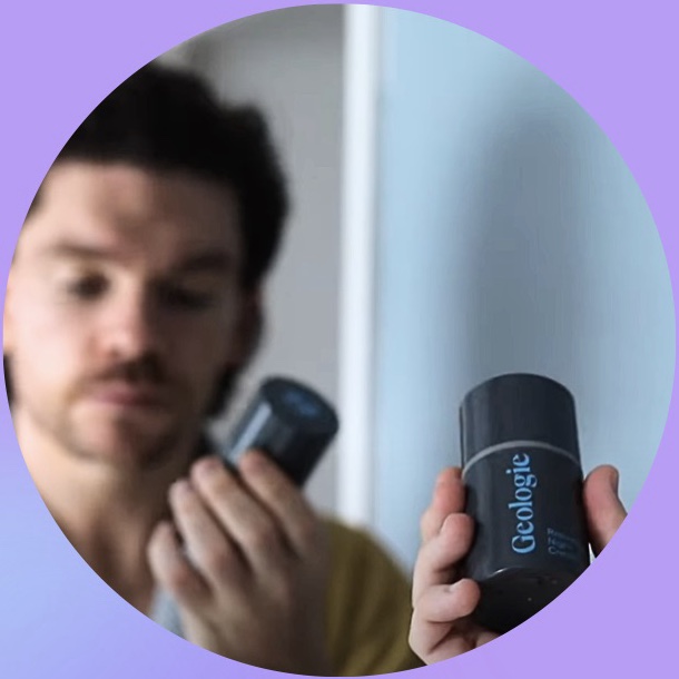 Creator Robin James holding Geologie products